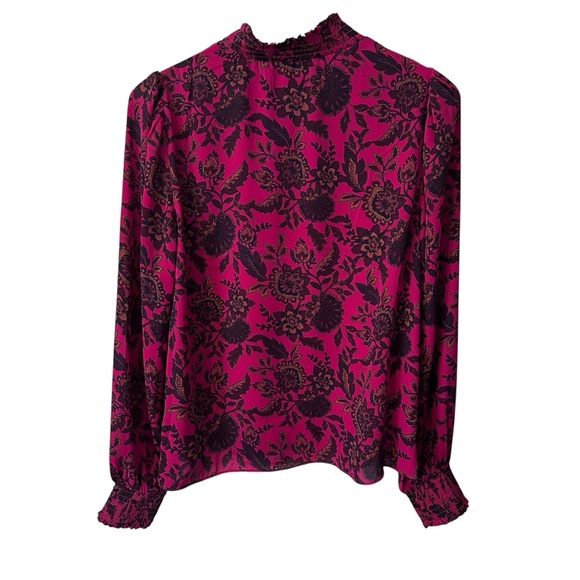 Evereve Magenta Floral Smocked Mock Neck Blouse - Size Medium - Boho Chiffon - Picture 3 of 3